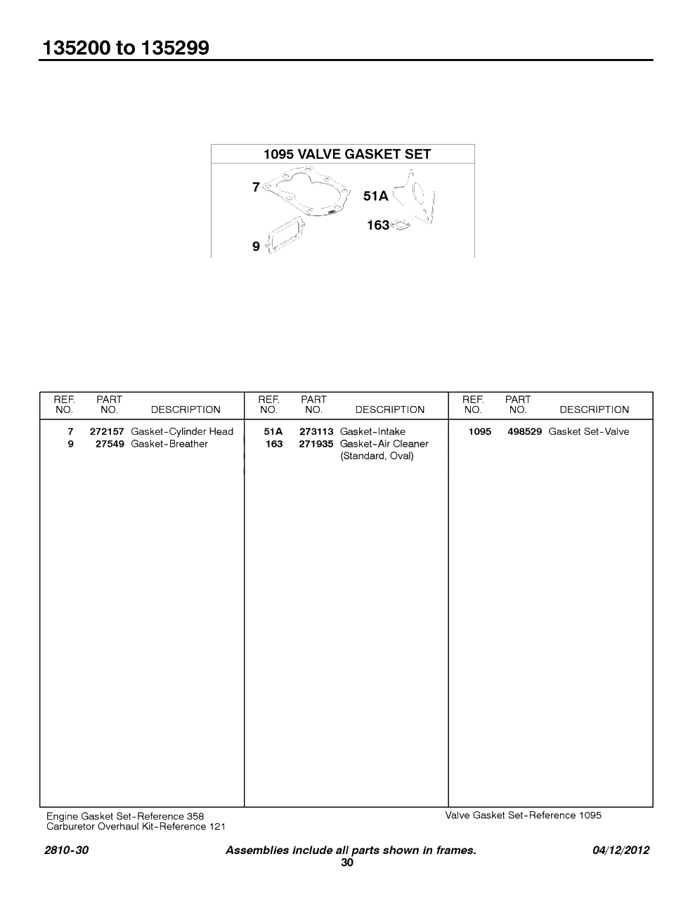 Kits/Gasket Sets - Valve Diagram and Parts List for 135207-0325-XX  Briggs and Stratton Engine